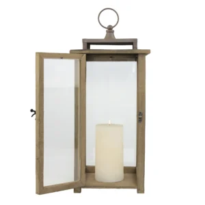 Rustic Wooden Candle Lantern with Handle and Hinged Door